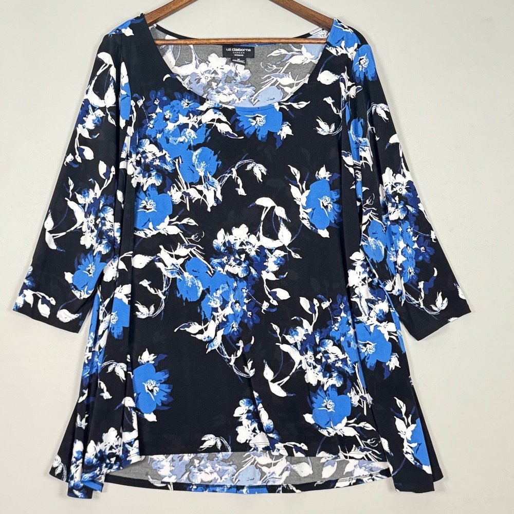 Liz Claiborne Tunic Top Women 1X Black Blue Floral NWOT 3/4 Sleeve High-Low